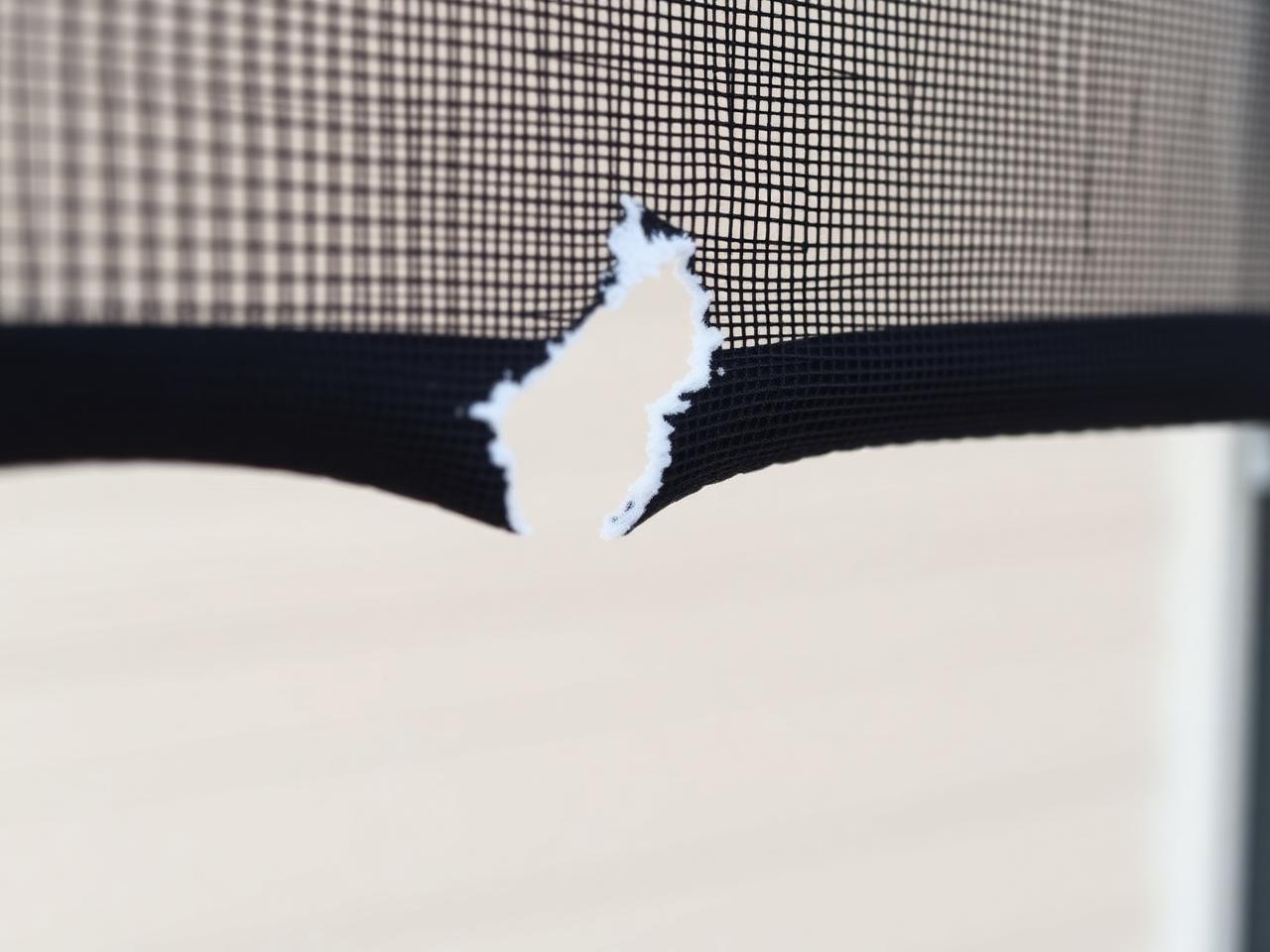 Damaged window screen with a torn hole before replacement