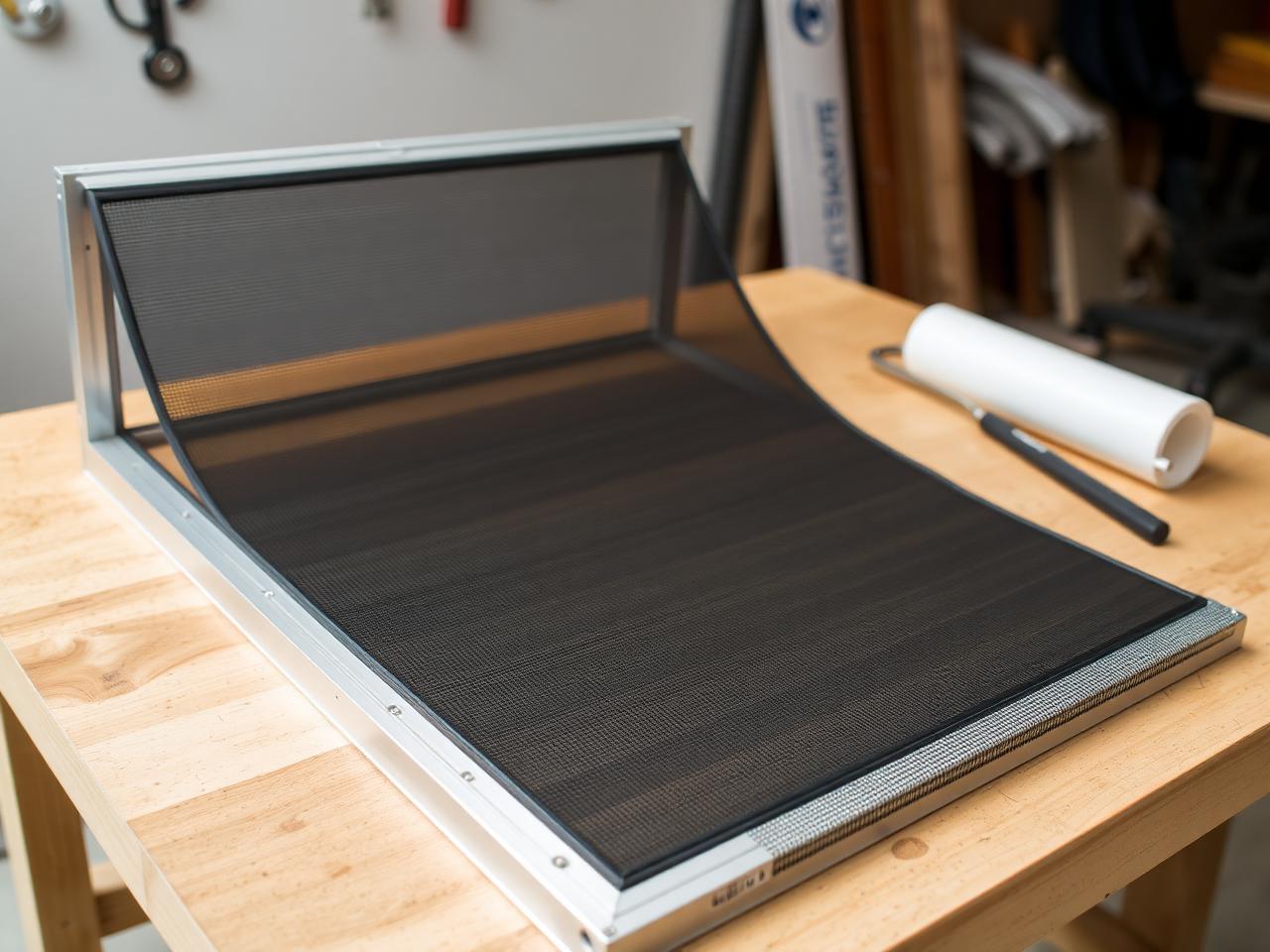 Window screen being re-screened on a workbench