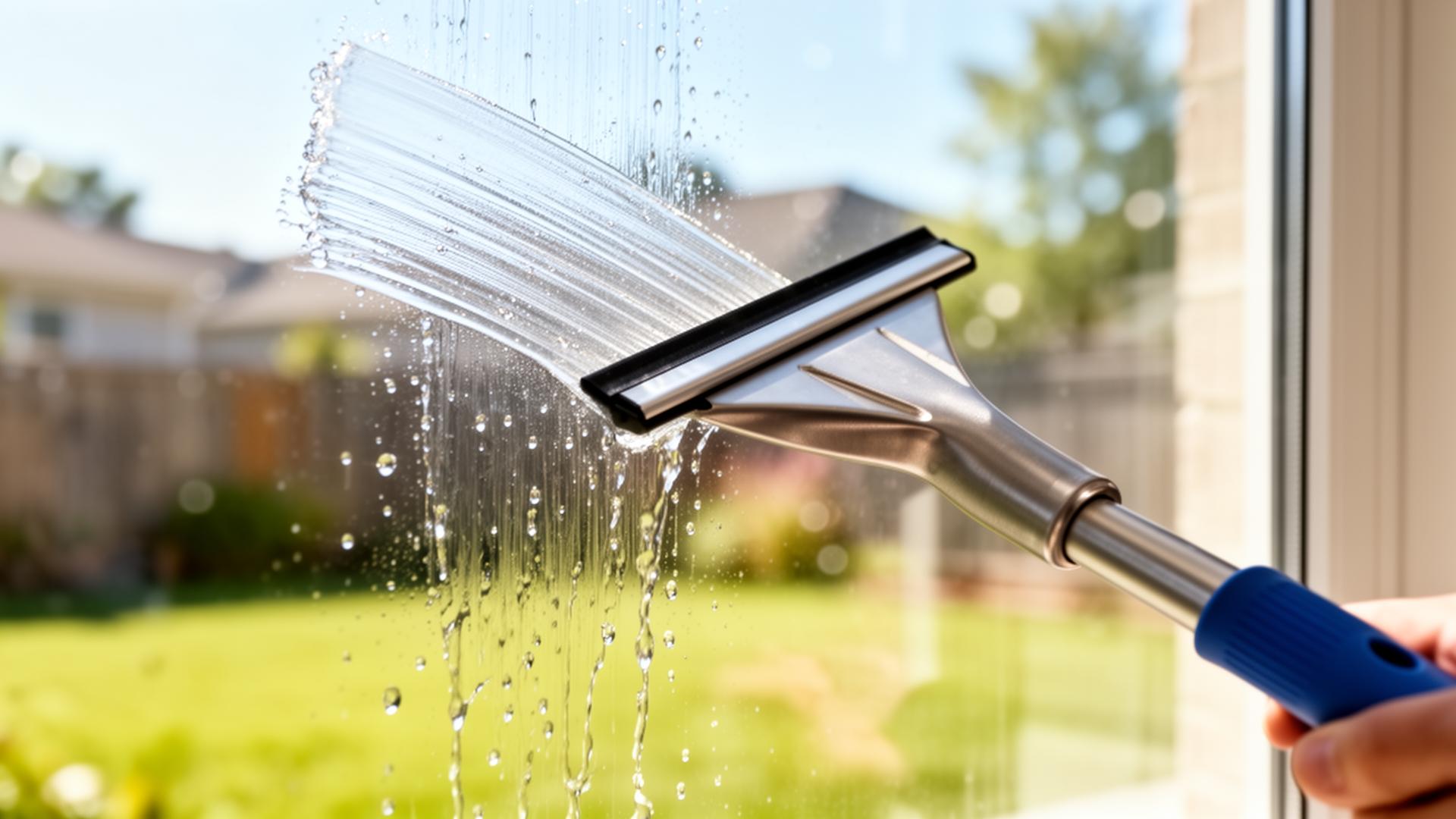 Squeegee cleaning a residential window in bright daylight